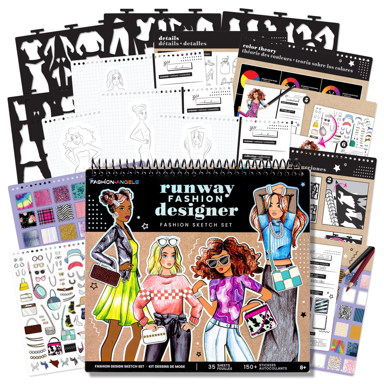Fashion Angels: Runway Fashion Designer Sketch Set - 35 Sheet Portfolio Pad, Stencils & Stickers, Create Clothing Styles, Drawing & Activity, Kids 6+